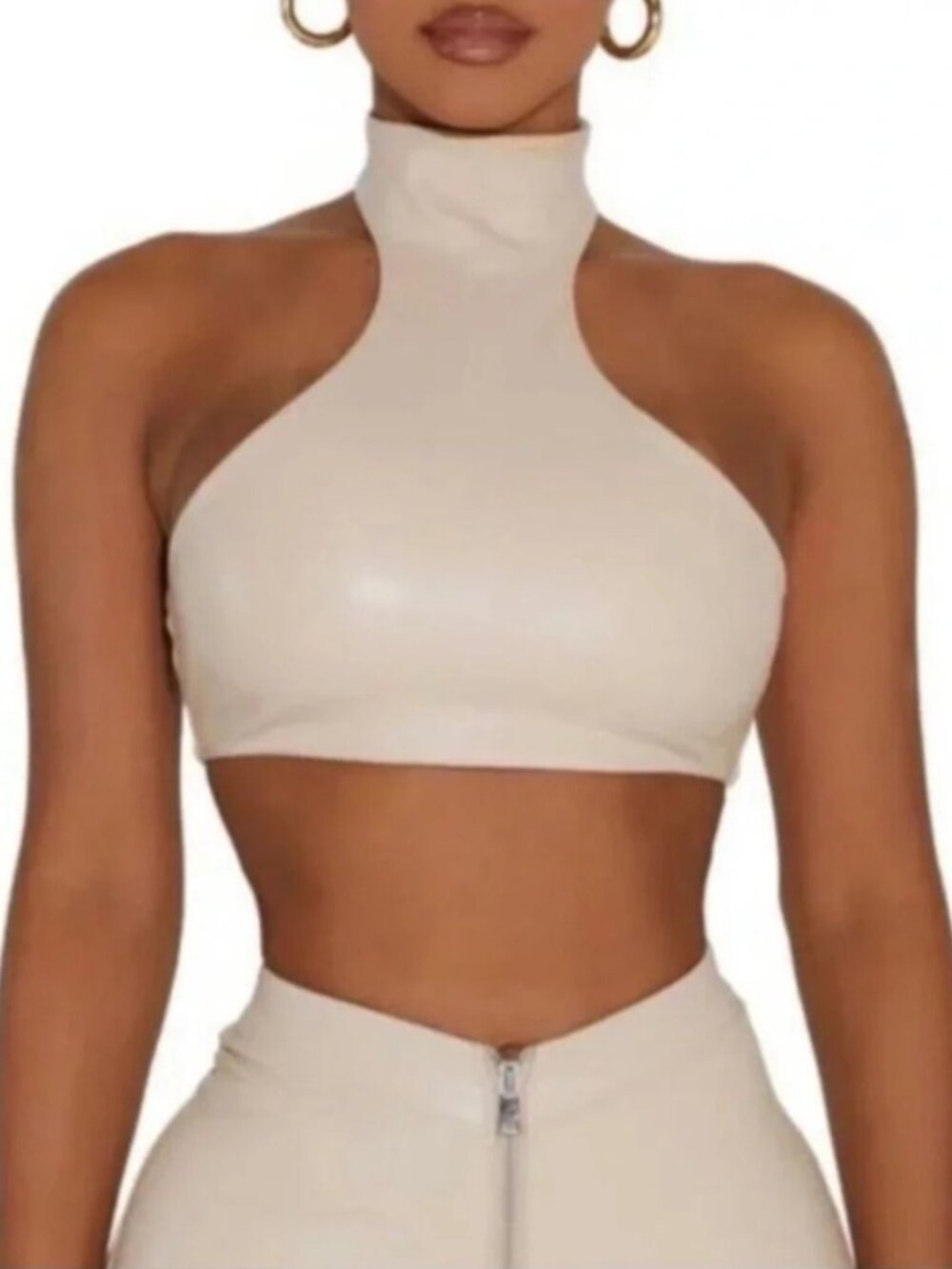Naked Wardrobe Good Faux Leather High Neck Cropped Top Beige Sleeveless Sz M NWT